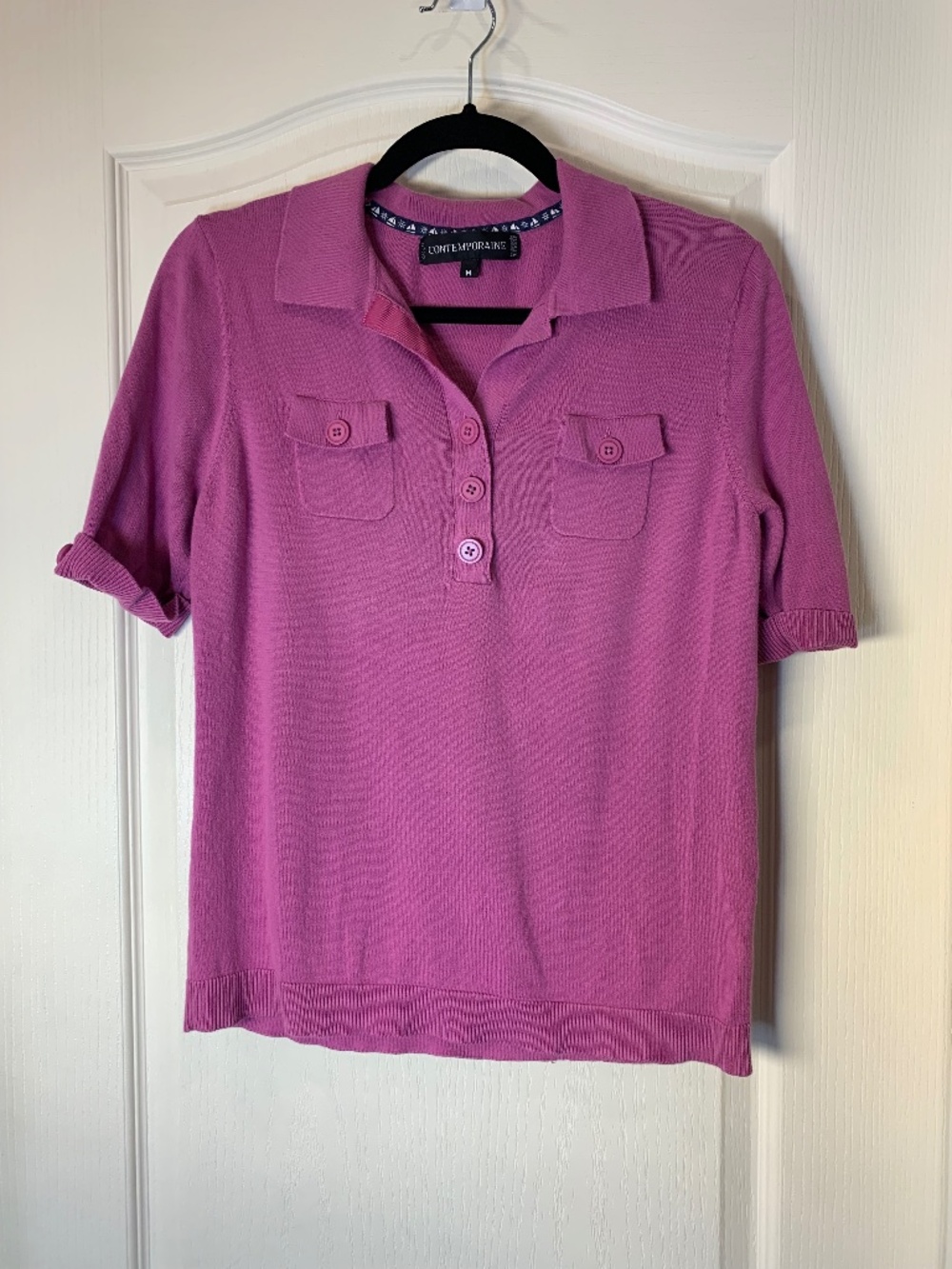 Contemporaine by Simons Lightweight Knit Polo Sweater Pink Mauve Size M